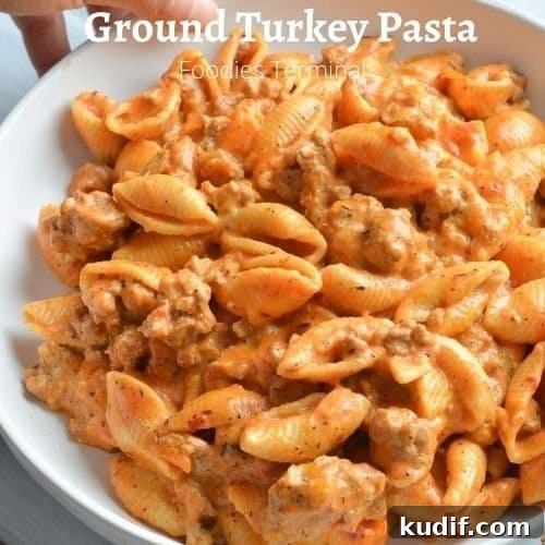 creamy ground turkey pasta served in a white plate