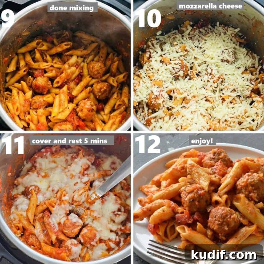penne pasta and meatballs with mozzarella cheese ready to be served