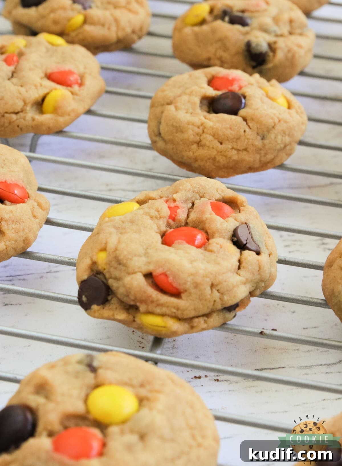 Cream cheese peanut butter cookies with Reese's pieces.