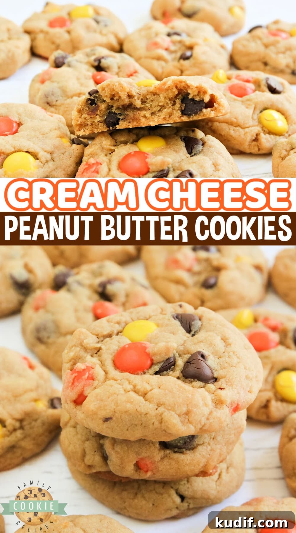 Cream Cheese Peanut Butter Cookies are soft, chewy and packed with peanut butter! Made with Reese's pieces, these peanut butter cookies turn out perfectly every time.