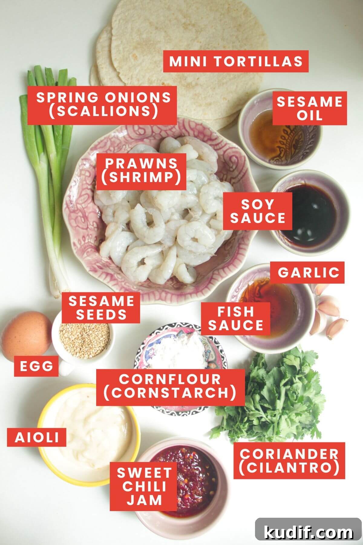 Smash Shrimp Toast Tacos — Crispy Prawn Toast Taco Recipe 3 Ingredients for prawn toast tacos laid out and labelled.