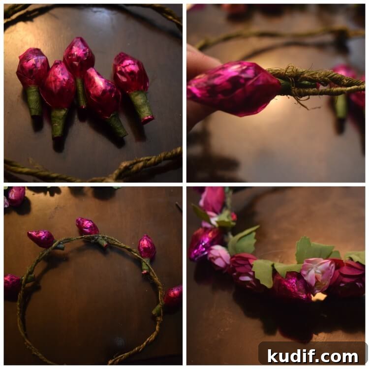 Candy Flower Crowns for Valentine's Day Gifts and Decor 9 Adding the HERSHEY'S KISSES to the flower crown.