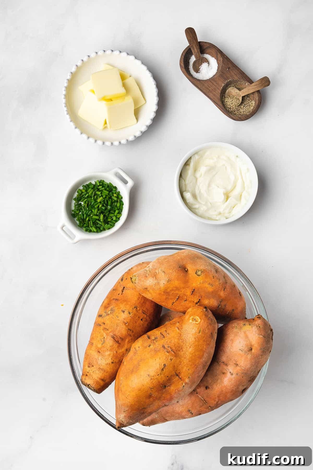 Slow Cooker Mashed Sweet Potatoes Recipe for Weeknight Meals 4 Ingredients needed to make slow cooker sweet potatoes.