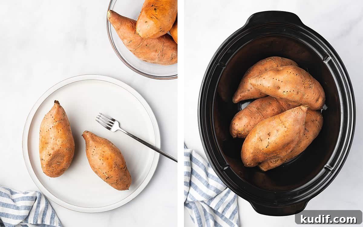 Slow Cooker Mashed Sweet Potatoes Recipe for Weeknight Meals 5 Sweet potatoes pricked with a fork and added to a crockpot.