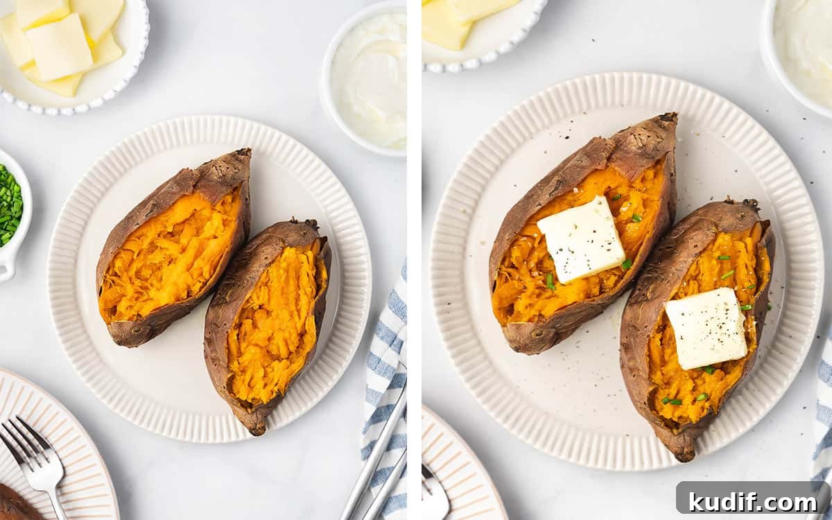 Slow Cooker Mashed Sweet Potatoes Recipe for Weeknight Meals 7 Sweet potatoes on a plate sliced opened and a piece of butter placed on top.