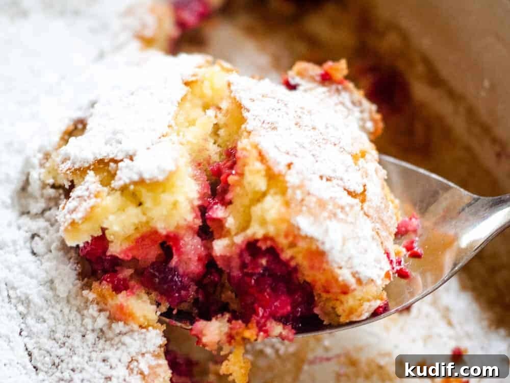Quick Berry Desserts to Satisfy Sweet Cravings Fast 3 A spoon scooping into raspberry buckle in the baking pan.