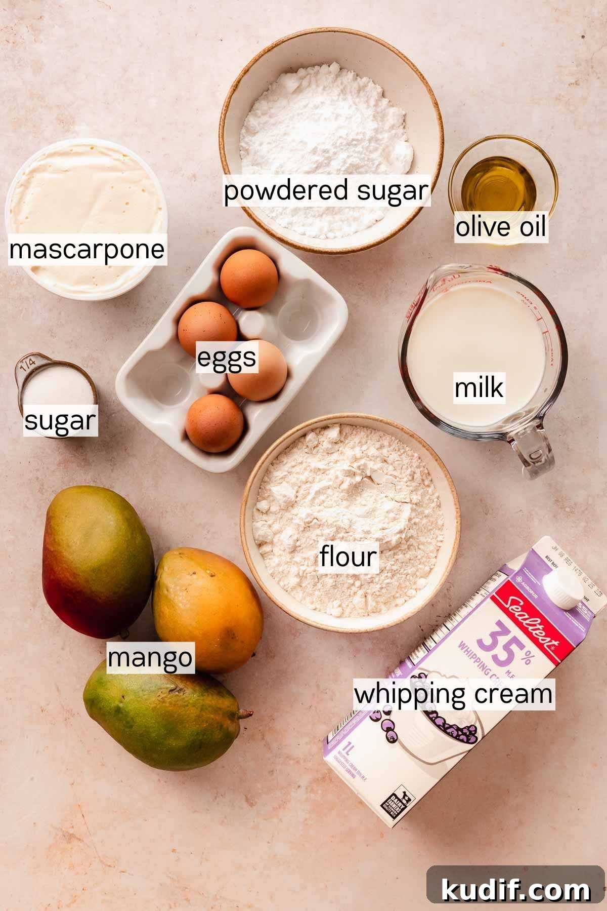 Mango Crepe Cake Recipe with Homemade Crepes Made from Scratch 4 ingredients for mango crepe cake in bowls