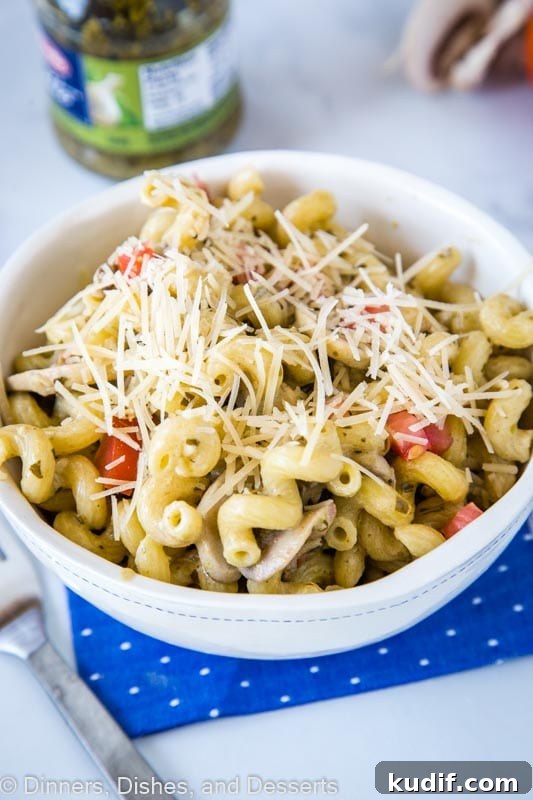 Creamy Pesto Cavatappi Pasta Recipe for Quick Weeknight Dinner 3 A bowl of pasta topped with cheese