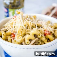 Creamy Pesto Cavatappi Pasta Recipe for Quick Weeknight Dinner 6 A bowl of pasta sits on a plate