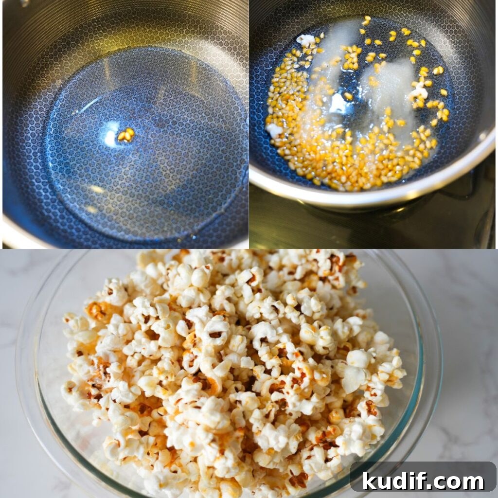 Popcorn cooking in pot & finished in a bowl.