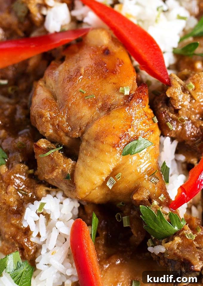 Instant Pot Filipino Chicken Adobo: Quick Authentic Recipe 3 Close up of Chicken Adobo Filipino with rice