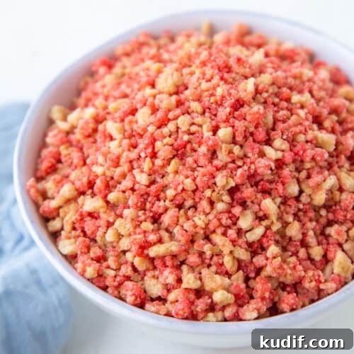 strawberry crunch topping in a white bowl.