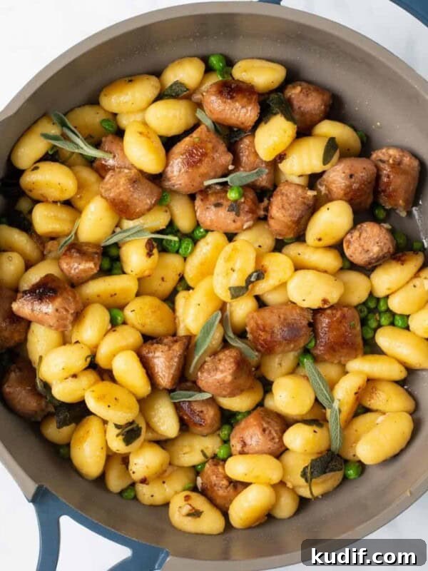 Sausage & Sage Gnocchi, blue frying pan shot from above.