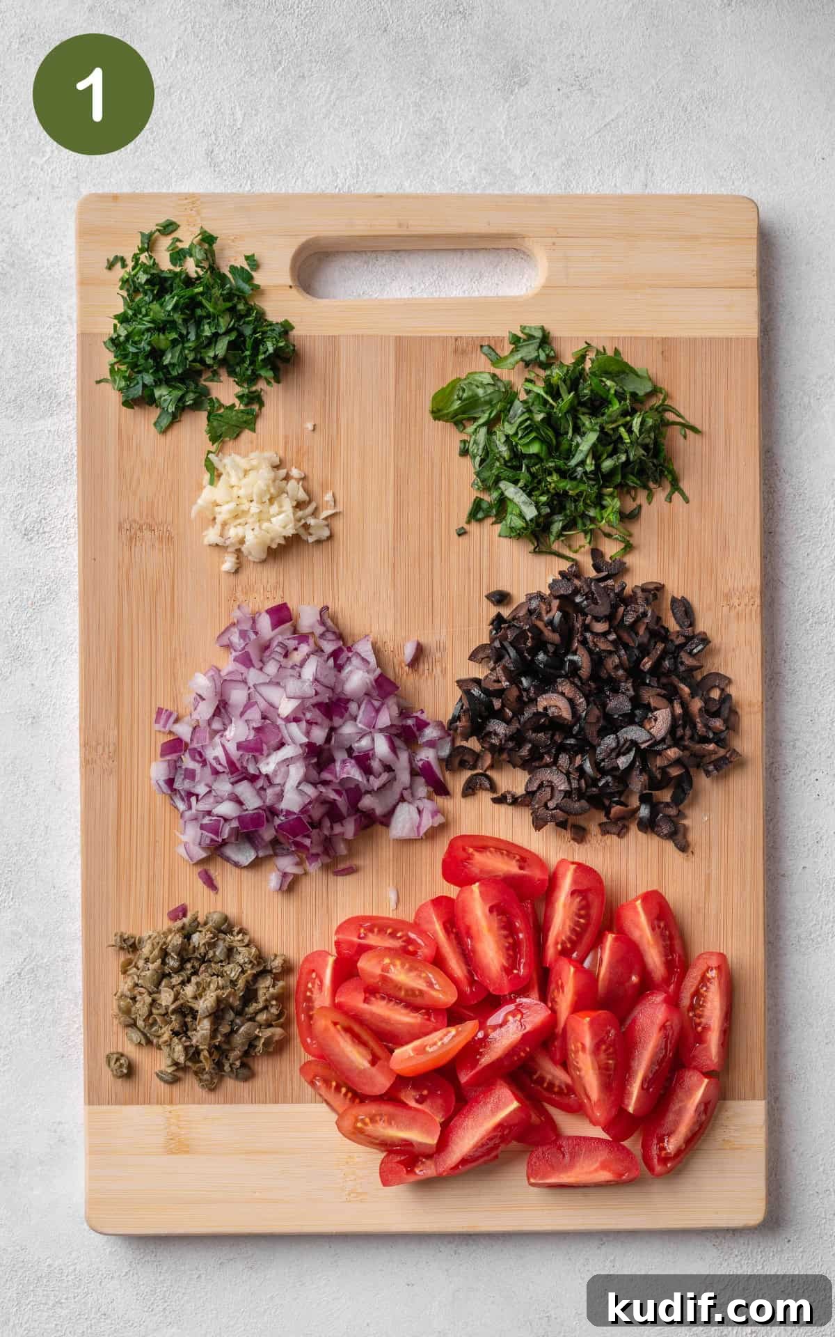 Sliced vegetables on a cutting board.