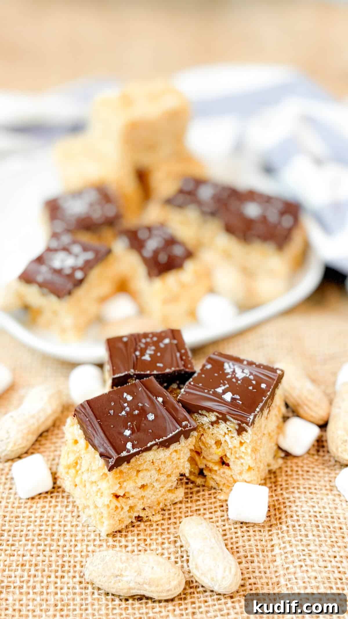 Peanut Butter Rice Krispie Treats Recipe for Gooey, Crunchy Squares 9 Treats ready to enjoy.