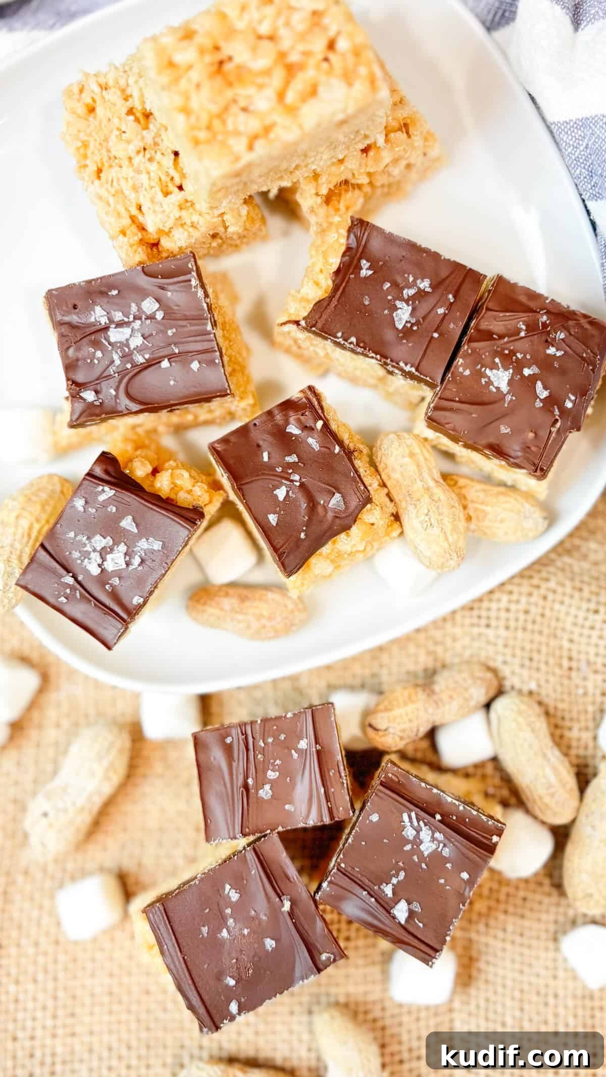 Peanut Butter Rice Krispie Treats Recipe for Gooey, Crunchy Squares 4 Finished treats, on a plate.