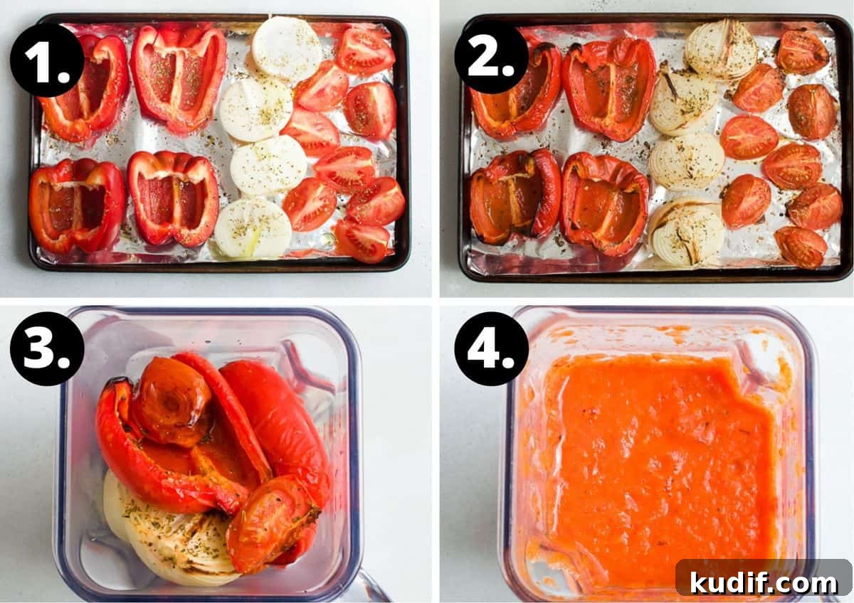 Roasted Red Pepper Soup Recipe — Creamy Roasted Capsicum Soup 4 the four steps to prepare this recipe - the vegetables on tray, the vegetables after they have been roasted, all of the ingredients in a blender, and the pureed soup.