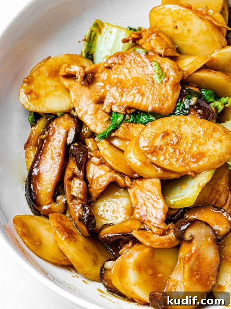 Stir Fried Din Tai Fung Shanghai rice cakes with mushrooms and chicken in a white bowl, chao nian gao