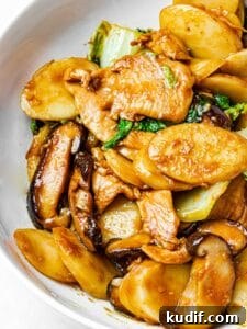 Stir Fried Din Tai Fung Shanghai rice cakes with mushrooms and chicken in a white bowl, chao nian gao