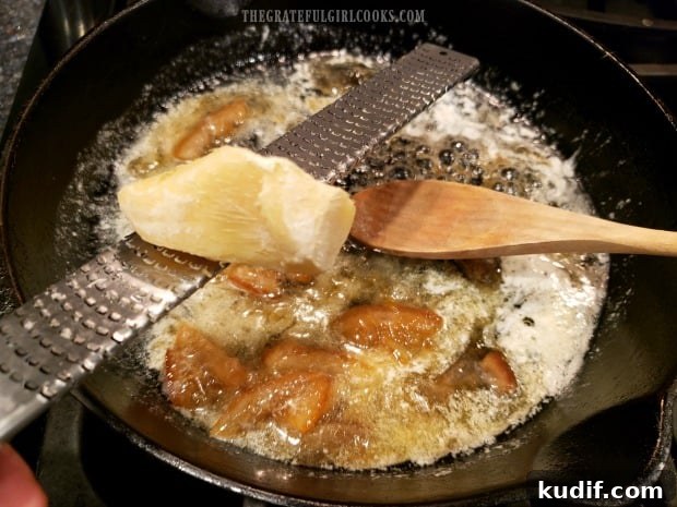 Orange Glazed Carrots - The Grateful Girl Cooks! Fresh ginger is finely grated and added to marmalade and butter in skillet.