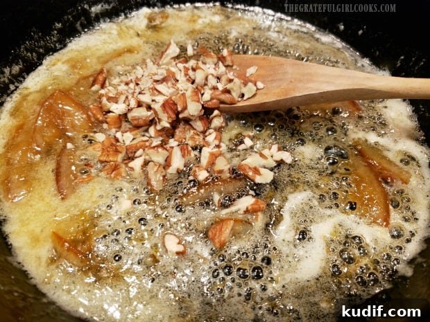 Orange Glazed Carrots - The Grateful Girl Cooks! Chopped pecans are added to marmalade glaze in skillet.