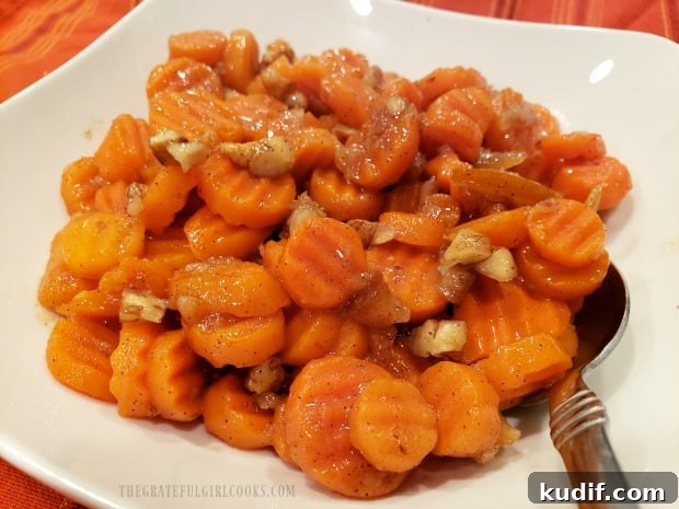 Orange Glazed Carrots - The Grateful Girl Cooks! A close up view of a bowl of orange glazed carrots, ready to eat!