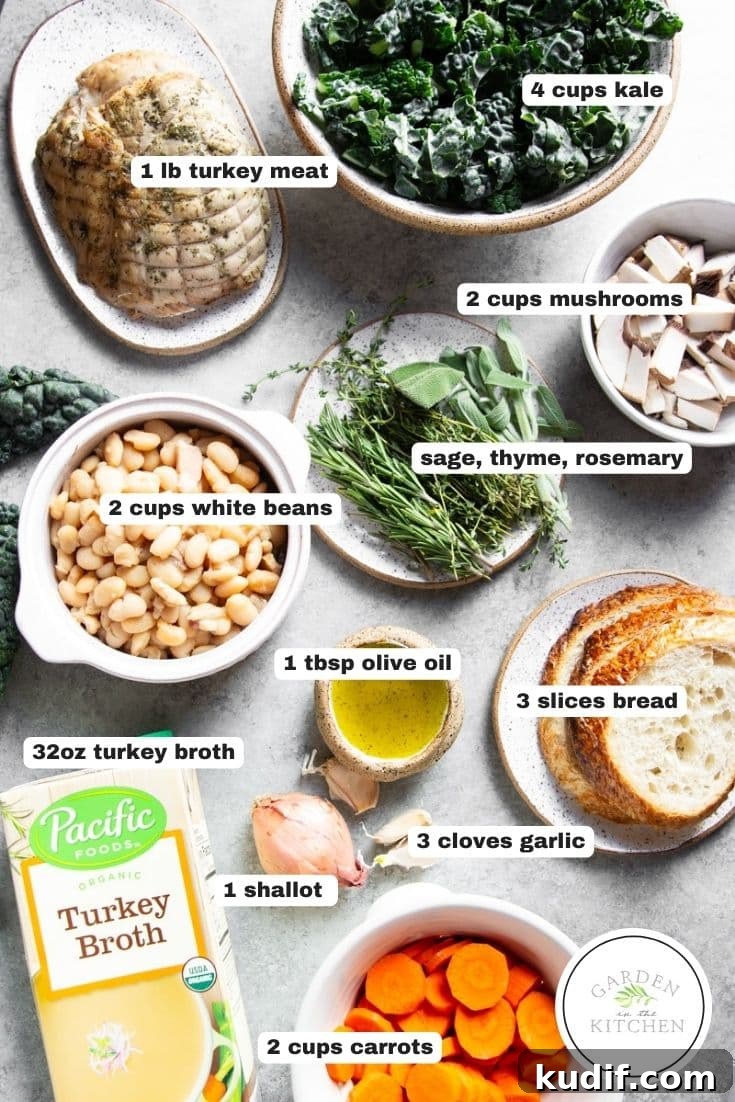 Hearty Turkey, White Bean, and Kale Soup Recipe 3 Turkey meat, kale, mushrooms, sage, rosemary, thyme, white beans, olive oil, bread, garlic, turkey broth, carrots, shallot.