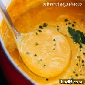 A ladle lifting creamy butternut squash soup from a large red pot.