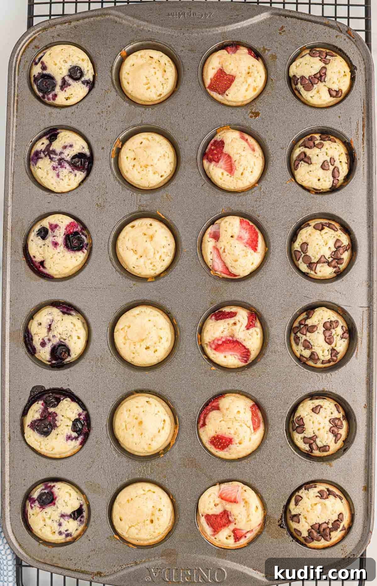Fluffy Pancake Mini Muffins: Bite-Sized Breakfast Treats 10 mini muffin tin with blueberry, strawberry, and chocolate chip mini muffins
