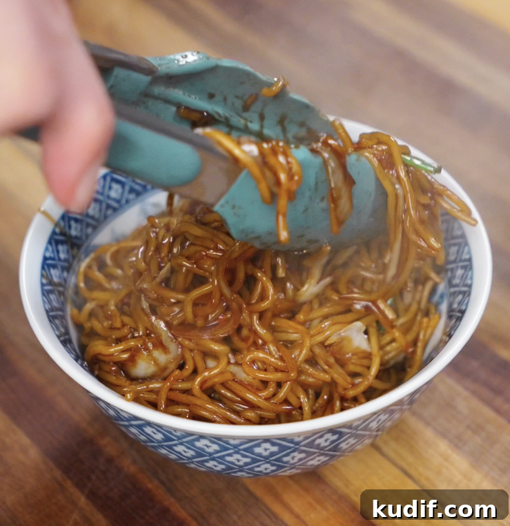 Authentic Chicken Chow Mein Recipe: Quick Stir-Fry Noodles 10 Saucy chow mein noodles are lifted from the pan and served steaming hot into a patterned blue bowl.