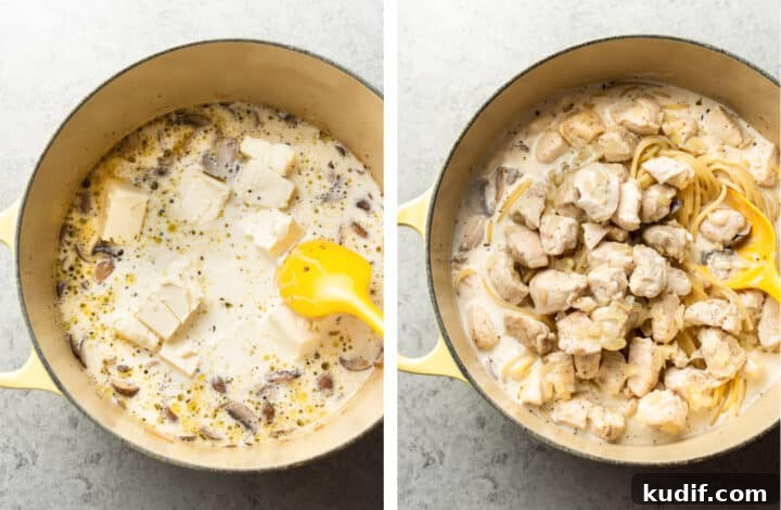 Creamy Three-Cheese Chicken Tetrazzini Recipe 5 adding cream cheese to a pot to make sauce for chicken tetrazzini