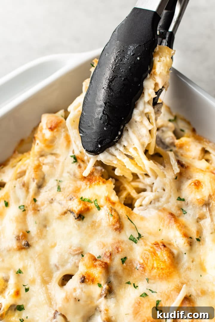 Creamy Three-Cheese Chicken Tetrazzini Recipe 8 creamy Chicken Tetrazzini in a baking dish with cooking tongs grabbing some