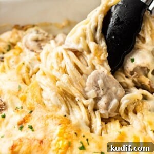 Creamy Three-Cheese Chicken Tetrazzini Recipe 9 close-up of cheesy Chicken Tetrazzini in baking dish with tongs twirling the spaghetti