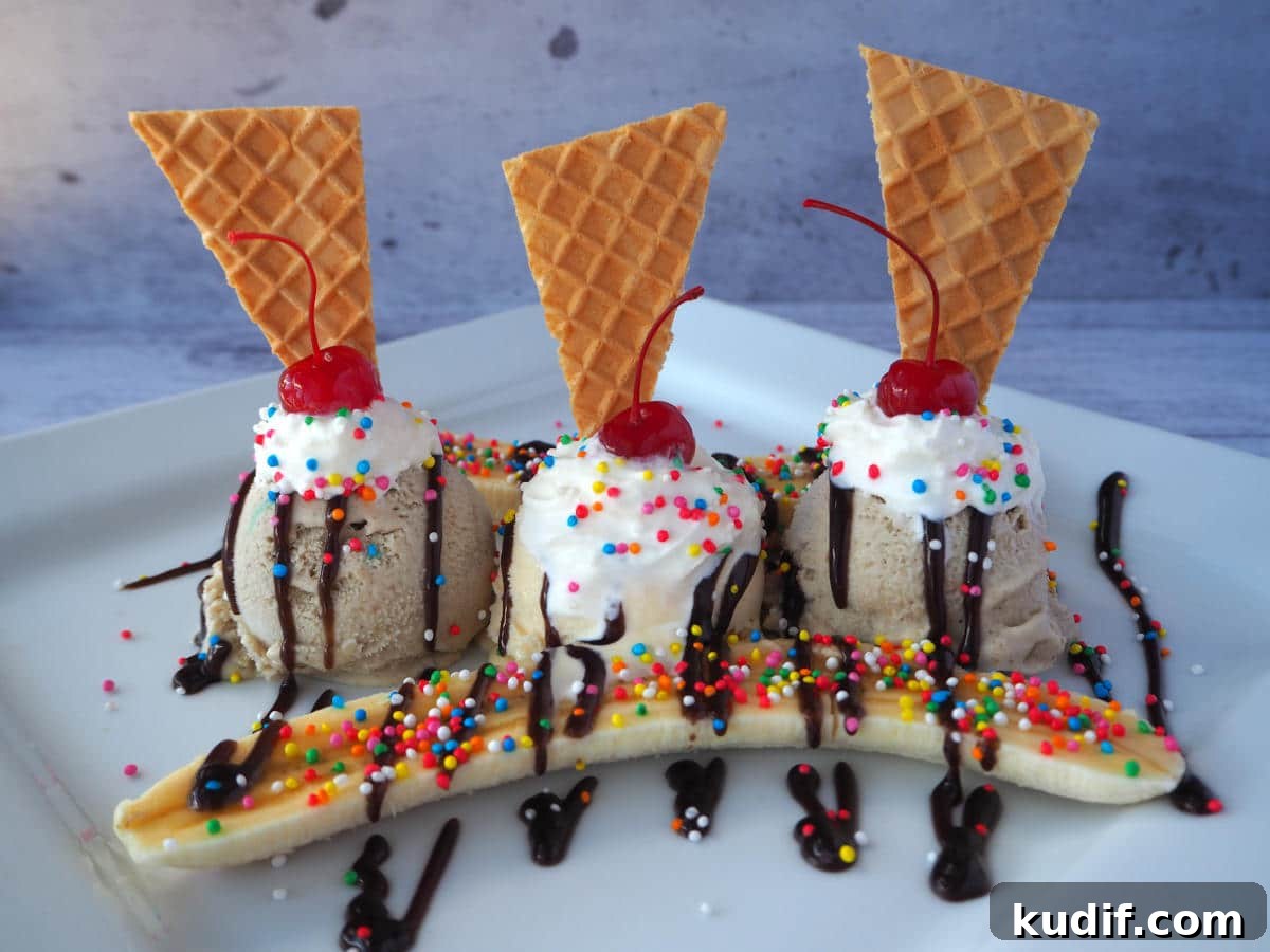 Classic Banana Split Recipe | Step-by-Step Dessert Guide 2 Side view of banana split with scoops of banana and vanilla ice cream, fresh sliced banana on either side, chocolate sauce drizzled over ice cream and banana, whipped cream on top, chopped nuts and sprinkles, cocktail cherries on top, and a wafer, on a white plate with a grey background.
