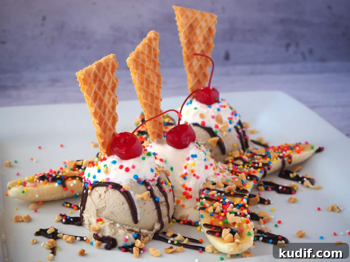 Classic Banana Split Recipe | Step-by-Step Dessert Guide 13 Diagonal view of banana split with scoops, sliced banana, chocolate sauce, whipped cream, nuts, sprinkles, cherries and a wafer.