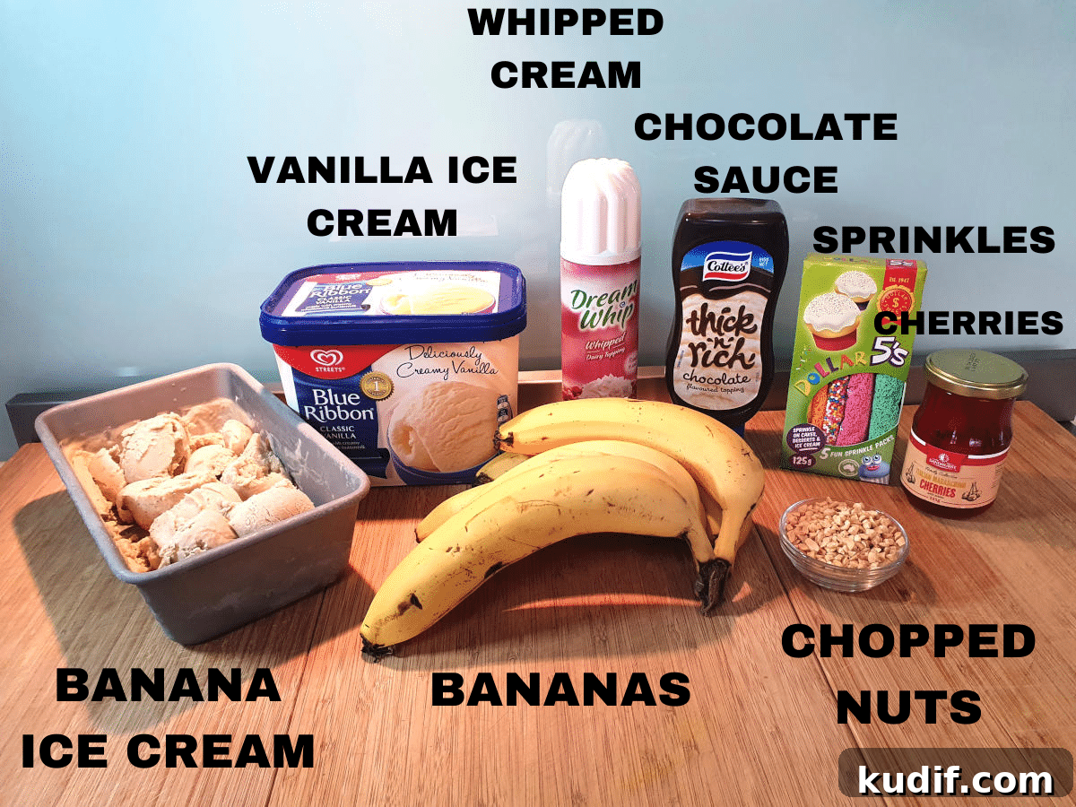 Classic Banana Split Recipe | Step-by-Step Dessert Guide 4 banana split ingredients: banana ice cream, vanilla ice cream, bananas, whipped cream, chocolate sauce, sprinkles, chopped nuts, cherries.