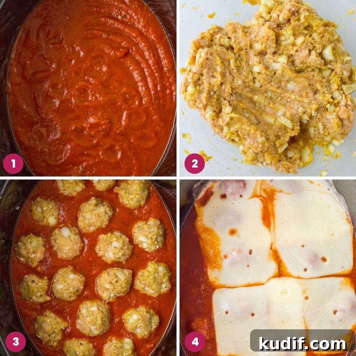 Slow Cooker Chicken Parmesan Subs Recipe for Perfect Sandwiches 4 Collage of four images showing how to make chicken parmesan meatballs in a slow cooker