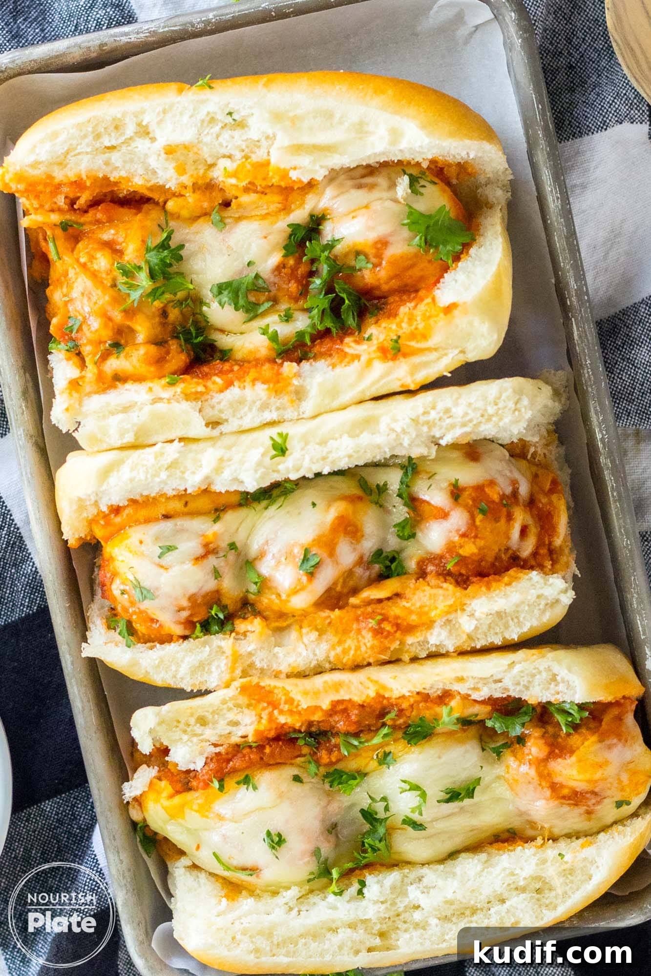 Slow Cooker Chicken Parmesan Subs Recipe for Perfect Sandwiches 5 Overhead shot of chicken parm subs in a tray