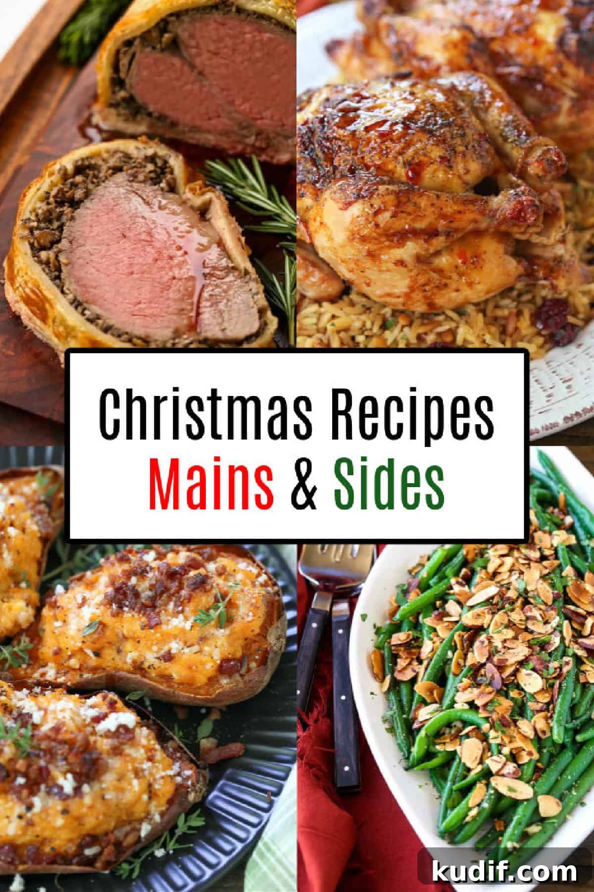 Our guide to the best Christmas recipes features everything from salads and roast veggies to glazed hams, roast turkey, and Beef Wellington. collage of christmas recipes