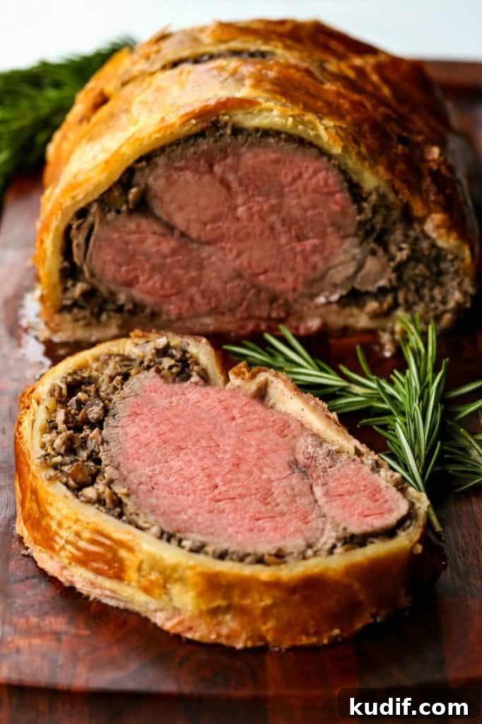 Beef tenderloin wrapped in puff pastry with creamy minced mushrooms.