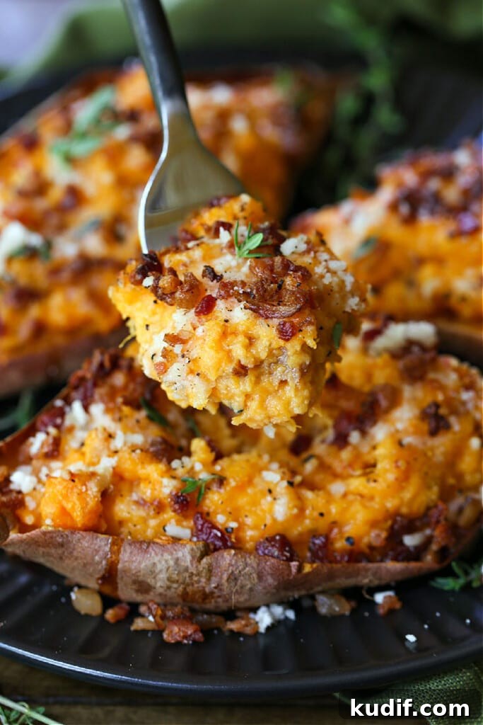 fork with bite of sweet potatoes with bacon