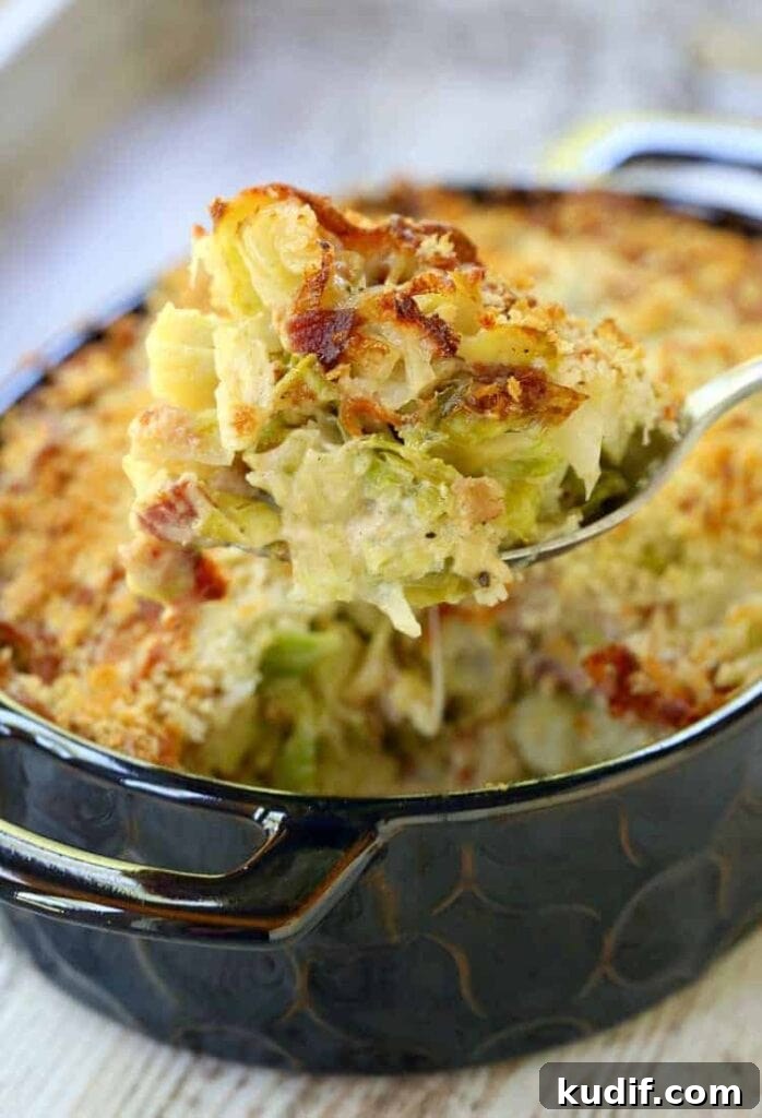 The Best Brussels Sprouts Casserole on a spoon
