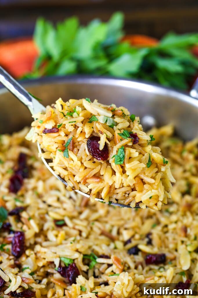 rice pilaf on serving spoon over skillet