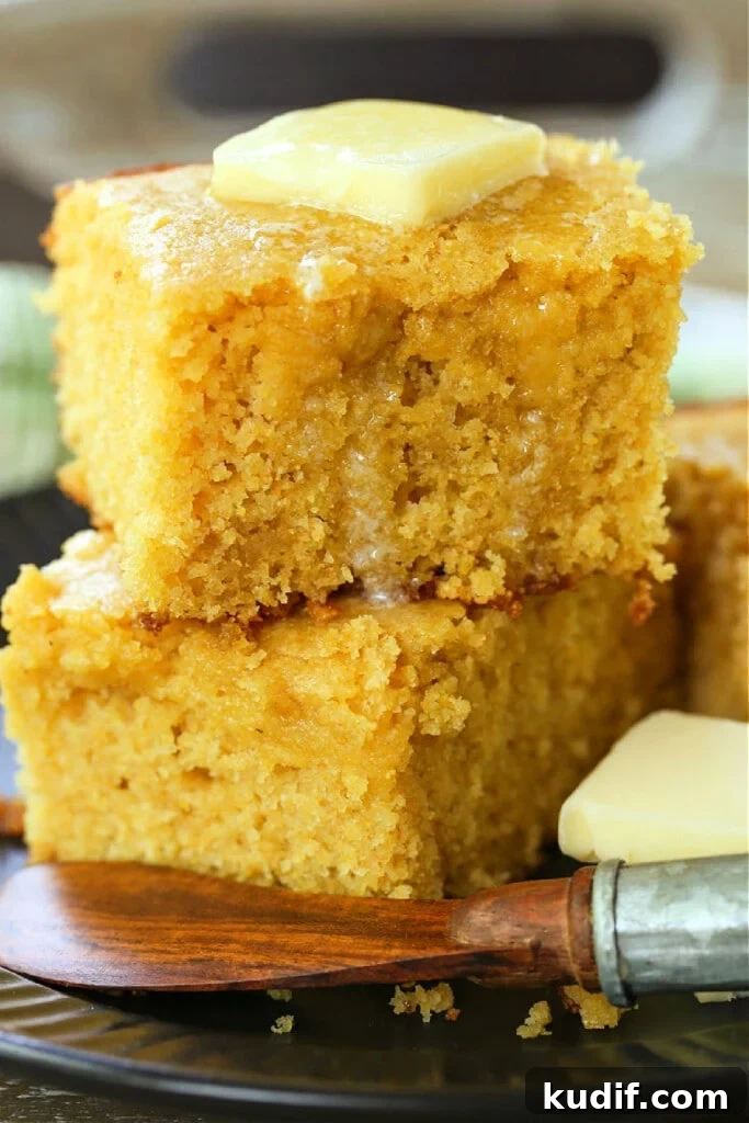 thick slices of cornbread stacked on plate with butter