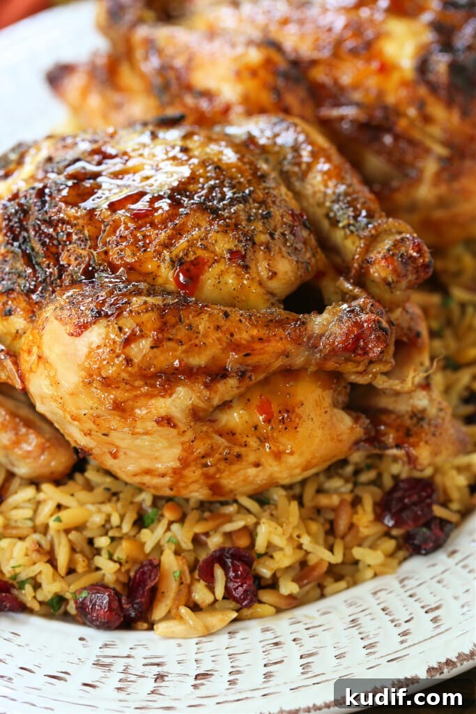 roasted cornish hen with bourbon glaze on bed of rice