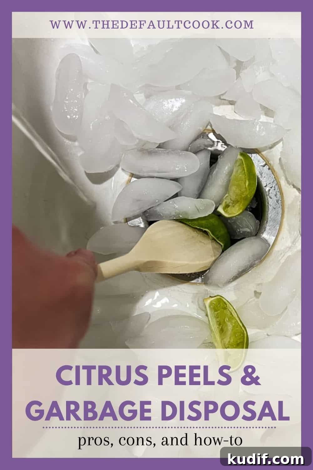 Can You Put Citrus Peels Down the Garbage Disposal? 2 Lime wedges and ice in a sink with a wooden spoon pushing them down the disposal.