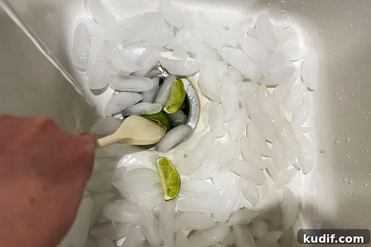 Can You Put Citrus Peels Down the Garbage Disposal? 4 Citrus wedges and ice in a sink being pushed into the disposal with a wooden spoon and running water.