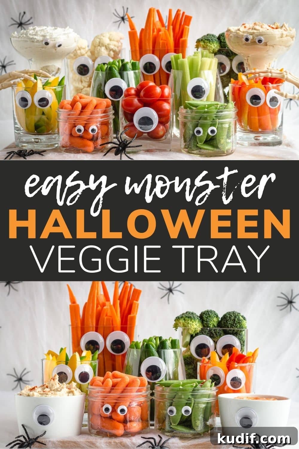 Monster-Themed Halloween Veggie Tray Ideas for Parties 11 Pinterest photo collage graphic with text overlay "Easy Monster Halloween Veggie Tray".