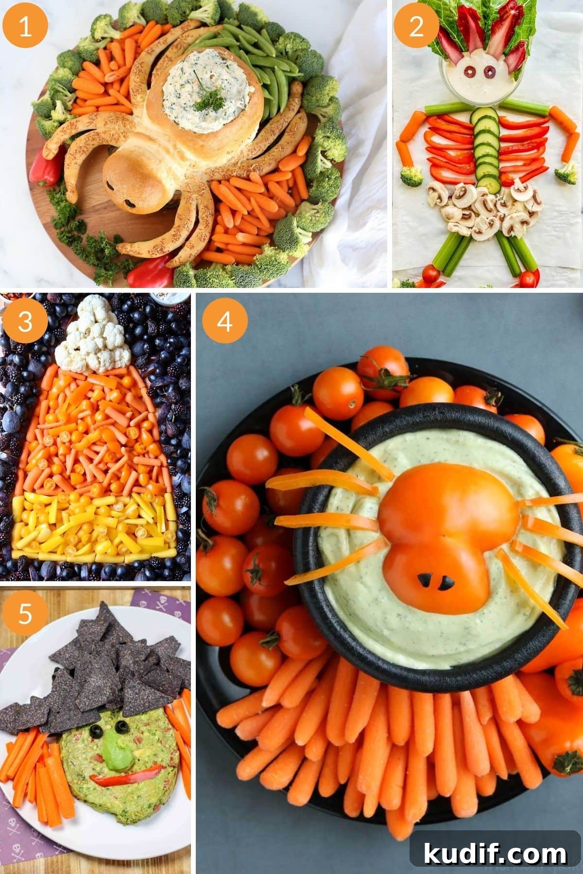 Monster-Themed Halloween Veggie Tray Ideas for Parties 9 Photo collage of Halloween themed veggie trays.