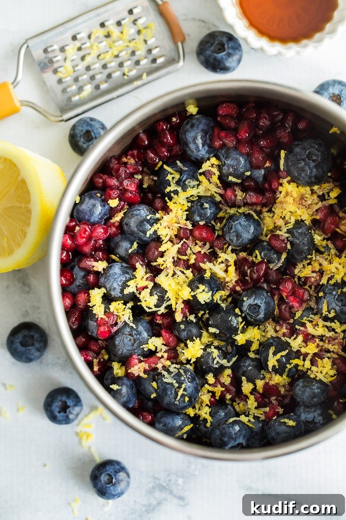 Overhead view of all the ingredients for Blueberry Pomegranate Chia Jam in a small sauce pan.